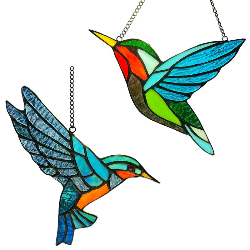 Zuajiter 2 Pack Hummingbird Stained Glass Birds Window Hangings  Stained Glass Decorations Bird Suncatcher for Window Decor Hummingbird Gifts for Mom Bird Lovers - Image 1